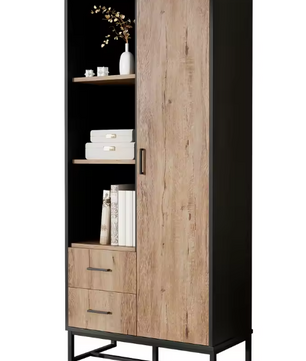 Modern Hoog dressoirkast – 80×40×180 cm, Houtlook met Zwart Frame, Deur, 2 Lades & Open Vakken