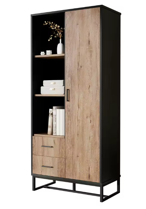 Modern Hoog dressoirkast – 80×40×180 cm, Houtlook met Zwart Frame, Deur, 2 Lades & Open Vakken