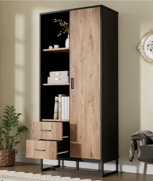 Modern Hoog dressoirkast – 80×40×180 cm, Houtlook met Zwart Frame, Deur, 2 Lades & Open Vakken
