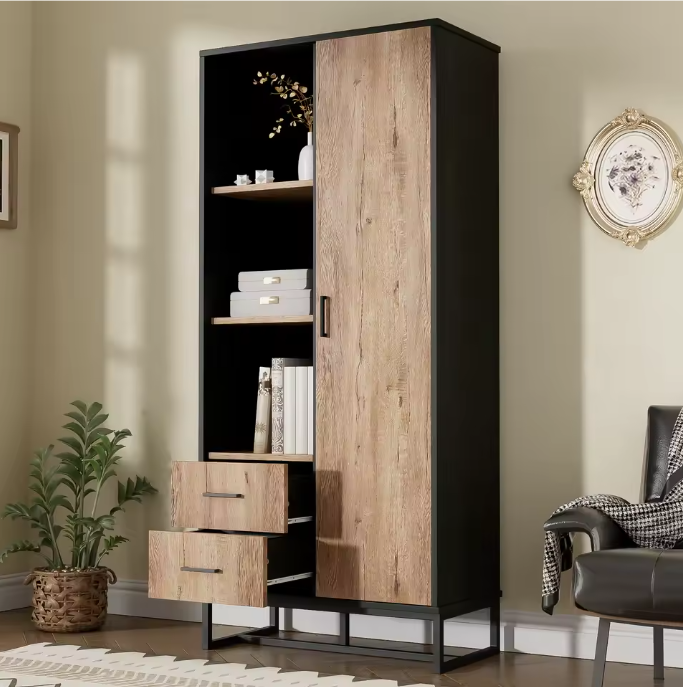 Modern Hoog dressoirkast – 80×40×180 cm, Houtlook met Zwart Frame, Deur, 2 Lades & Open Vakken
