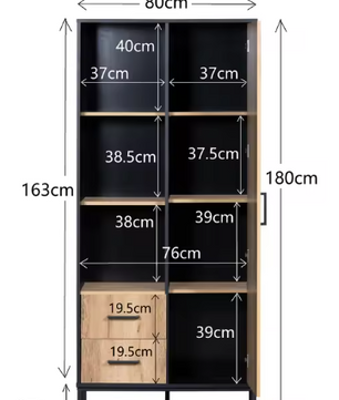 Modern Hoog dressoirkast – 80×40×180 cm, Houtlook met Zwart Frame, Deur, 2 Lades & Open Vakken