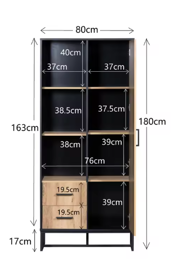 Modern Hoog dressoirkast – 80×40×180 cm, Houtlook met Zwart Frame, Deur, 2 Lades & Open Vakken