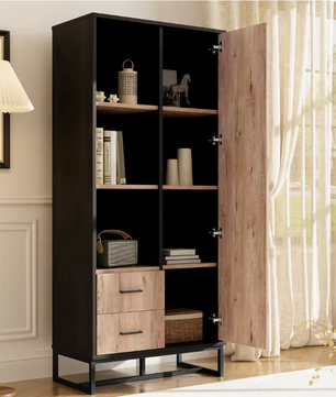 Modern Hoog dressoirkast – 80×40×180 cm, Houtlook met Zwart Frame, Deur, 2 Lades & Open Vakken