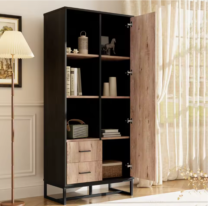 Modern Hoog dressoirkast – 80×40×180 cm, Houtlook met Zwart Frame, Deur, 2 Lades & Open Vakken