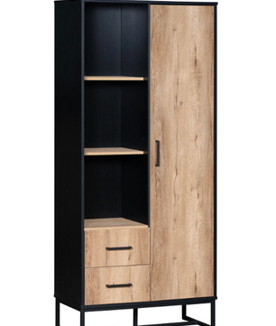 Modern Hoog dressoirkast – 80×40×180 cm, Houtlook met Zwart Frame, Deur, 2 Lades & Open Vakken
