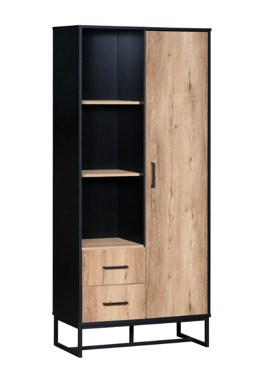 Modern Hoog dressoirkast – 80×40×180 cm, Houtlook met Zwart Frame, Deur, 2 Lades & Open Vakken