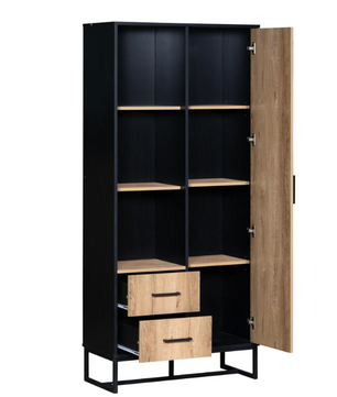 Modern Hoog dressoirkast – 80×40×180 cm, Houtlook met Zwart Frame, Deur, 2 Lades & Open Vakken