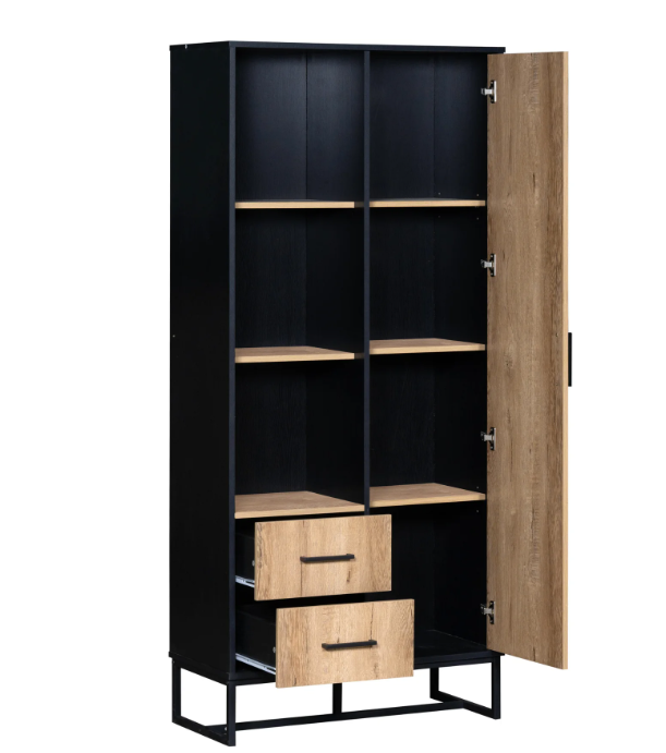 Modern Hoog dressoirkast – 80×40×180 cm, Houtlook met Zwart Frame, Deur, 2 Lades & Open Vakken