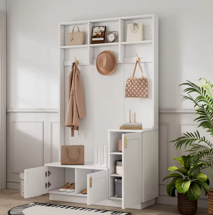 Halboom met Bank, Schoenenrek & Open Vakken – 200×120×40 cm, Wit