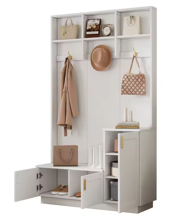 Halboom met Bank, Schoenenrek & Open Vakken – 200×120×40 cm, Wit