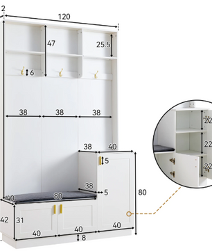 Halboom met Bank, Schoenenrek & Open Vakken – 200×120×40 cm, Wit