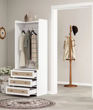 Witte Kledingkast met 3 Lades – 70×48×180 cm, Boho Stijl, Stabiel en Functioneel