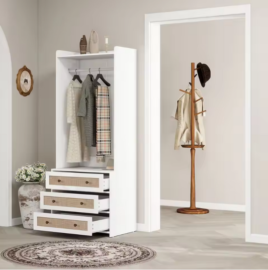 Witte Kledingkast met 3 Lades – 70×48×180 cm, Boho Stijl, Stabiel en Functioneel