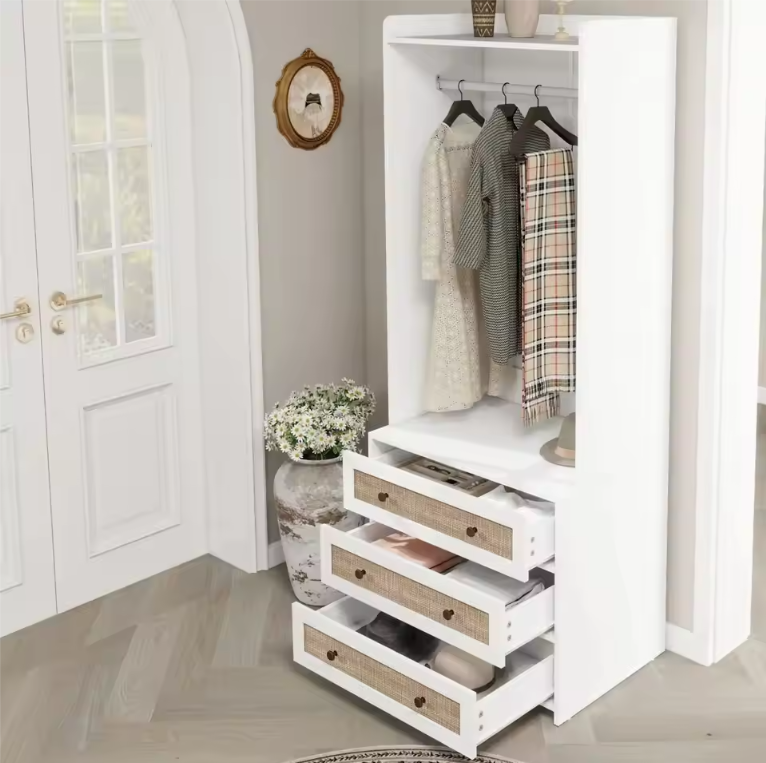 Witte Boho Kledingkast met 3 Lades – 70×48×180 cm, Stijlvol en Functioneel