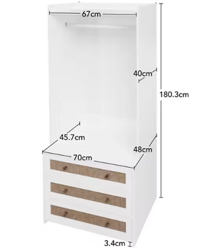 Witte Boho Kledingkast met 3 Lades – 70×48×180 cm, Stijlvol en Functioneel