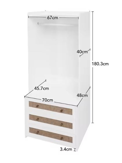 Witte Boho Kledingkast met 3 Lades – 70×48×180 cm, Stijlvol en Functioneel