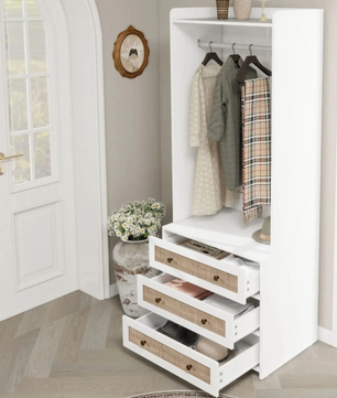 Witte Boho Kledingkast met 3 Lades – 70×48×180 cm, Stijlvol en Functioneel