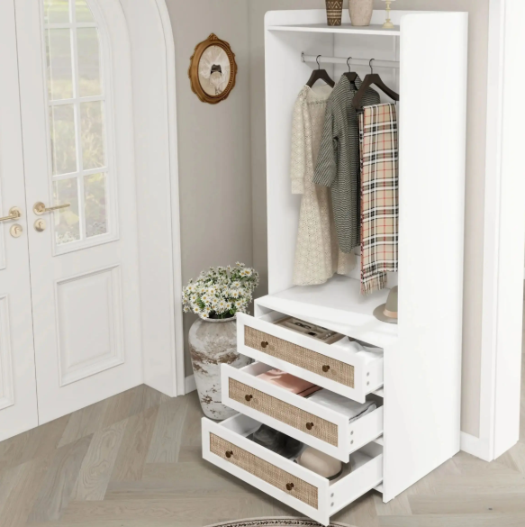 Witte Boho Kledingkast met 3 Lades – 70×48×180 cm, Stijlvol en Functioneel