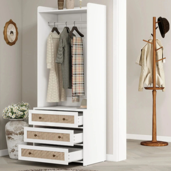 Witte Boho Kledingkast met 3 Lades – 70×48×180 cm, Stijlvol en Functioneel