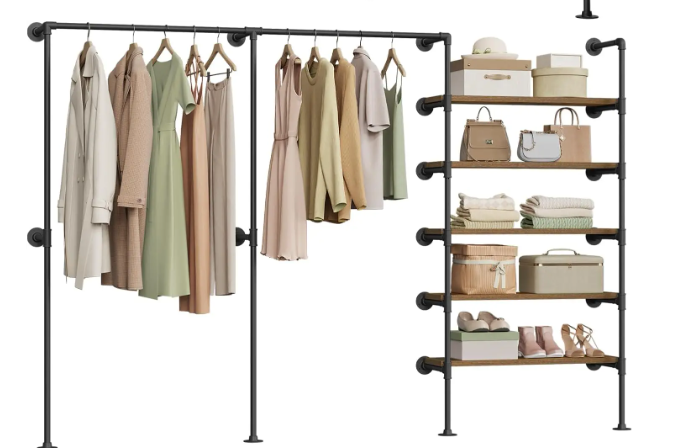 Industrieel Wandrek Kledingkast – Open Wardrobe met Planken & Kledingroede