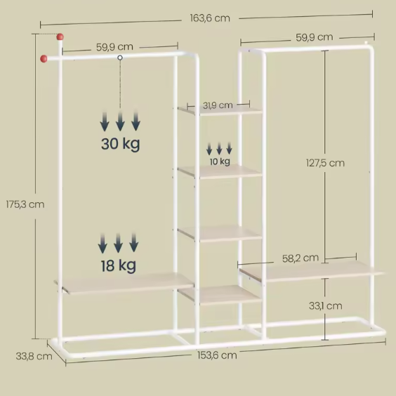 Open Kledingrek met Planken – Industriële Kledingkast 163×34×175 cm