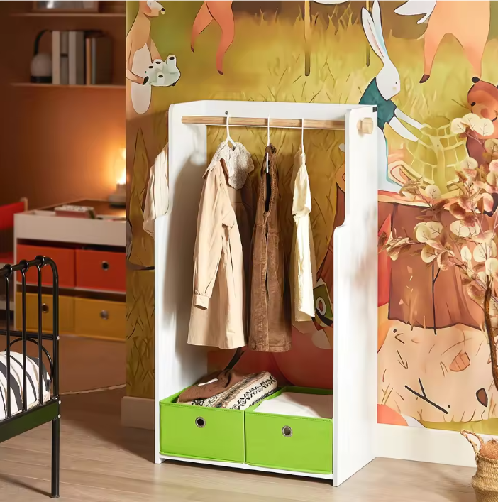 Kinderkast met Kapstok & Lades – MDF en Bamboe 60×110×35 cm