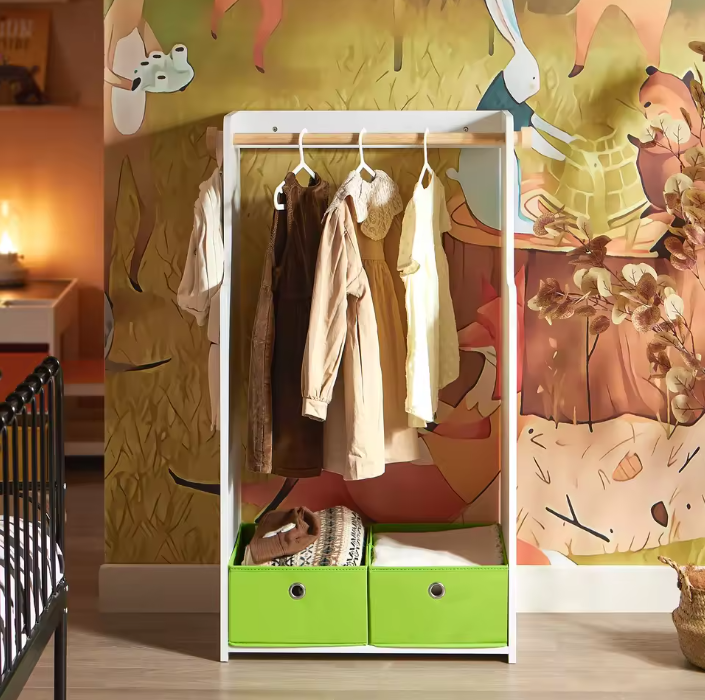 Kinderkast met Kapstok & Lades – MDF en Bamboe 60×110×35 cm