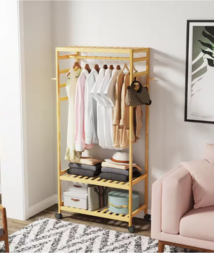 Bamboe Kledingrek met Wielen – Open Garderobe met Kapstok & Schoenenrek 78×37×169 cm