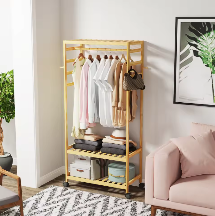 Bamboe Kledingrek met Wielen – Open Garderobe met Kapstok & Schoenenrek 78×37×169 cm