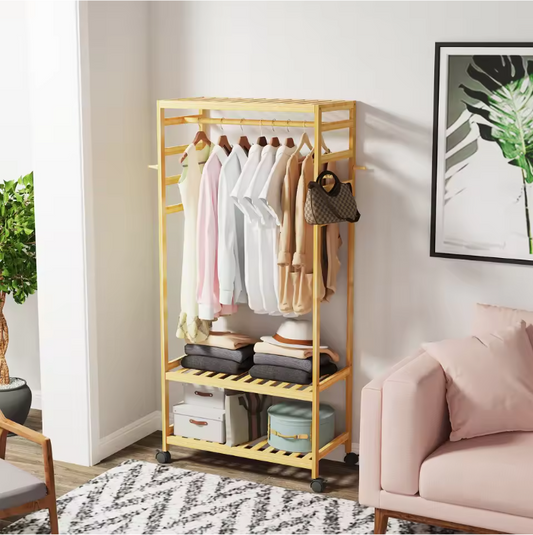 Bamboe Kledingrek met Wielen – Open Garderobe met Kapstok & Schoenenrek 78×37×169 cm