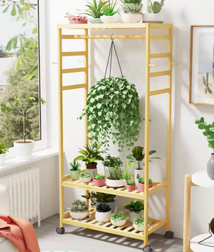 Bamboe Kledingrek met Wielen – Open Garderobe met Kapstok & Schoenenrek 78×37×169 cm