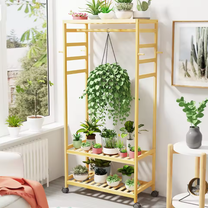 Bamboe Kledingrek met Wielen – Open Garderobe met Kapstok & Schoenenrek 78×37×169 cm