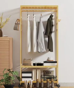Bamboe Kledingrek met Wielen – Open Garderobe met Kapstok & Schoenenrek 78×37×169 cm