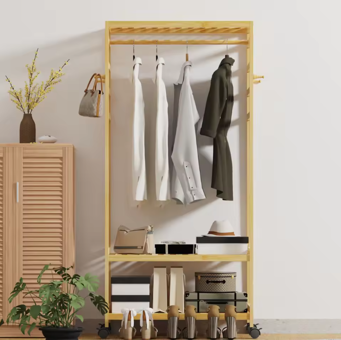Bamboe Kledingrek met Wielen – Open Garderobe met Kapstok & Schoenenrek 78×37×169 cm