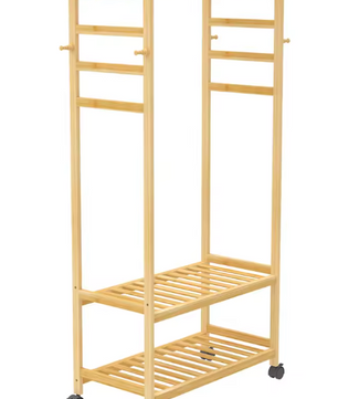 Bamboe Kledingrek met Wielen – Open Garderobe met Kapstok & Schoenenrek 78×37×169 cm