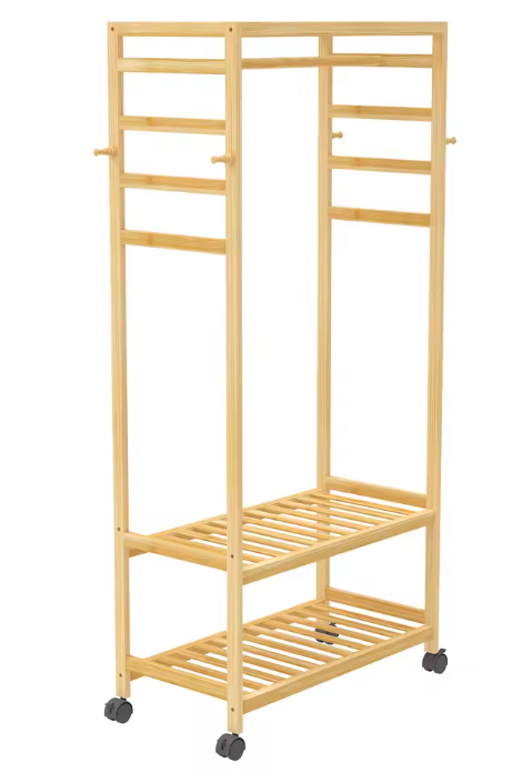 Bamboe Kledingrek met Wielen – Open Garderobe met Kapstok & Schoenenrek 78×37×169 cm