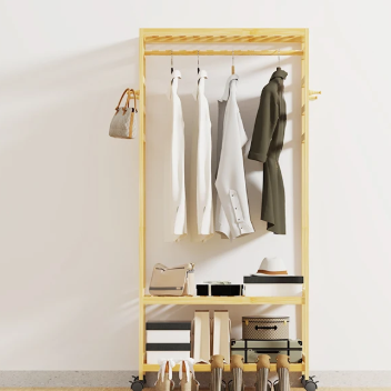 Bamboe Kledingrek met Wielen – Open Garderobe met Kapstok & Schoenenrek 78×37×169 cm