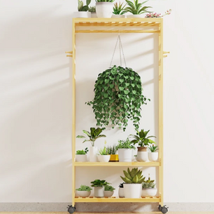Bamboe Kledingrek met Wielen – Open Garderobe met Kapstok & Schoenenrek 78×37×169 cm