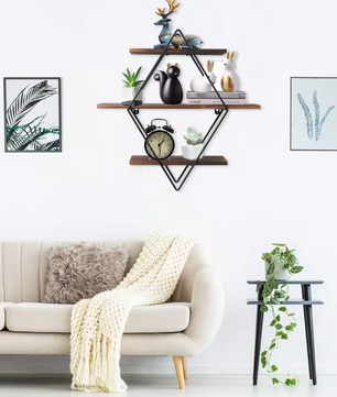 Industriële Wandplank met 3 Lagen – Houten Zwevende Planken & Metalen Frame, Stevig en Decoratief