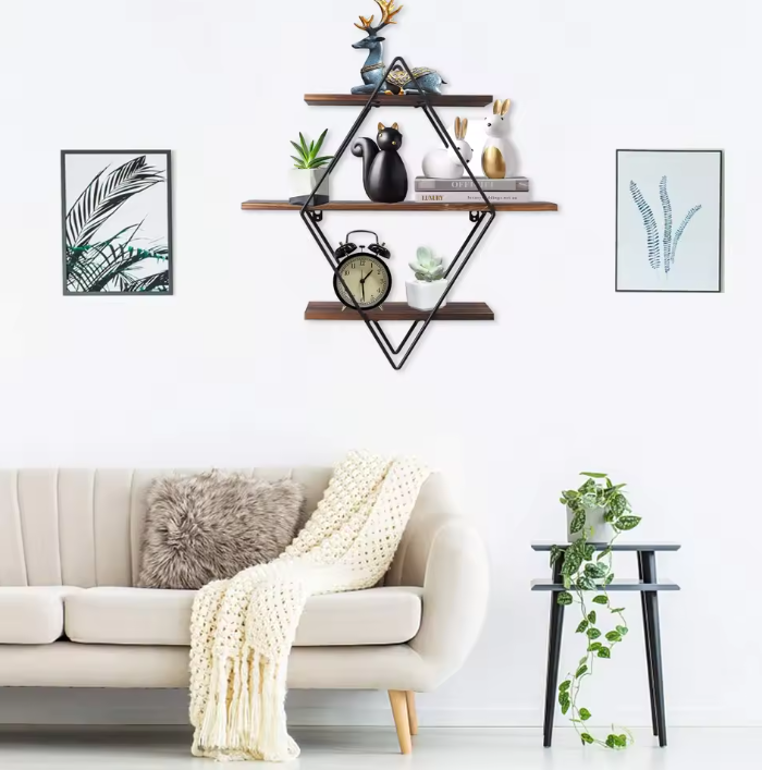 Industriële Wandplank met 3 Lagen – Houten Zwevende Planken & Metalen Frame, Stevig en Decoratief