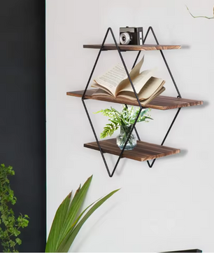 Industriële Wandplank met 3 Lagen – Houten Zwevende Planken & Metalen Frame, Stevig en Decoratief