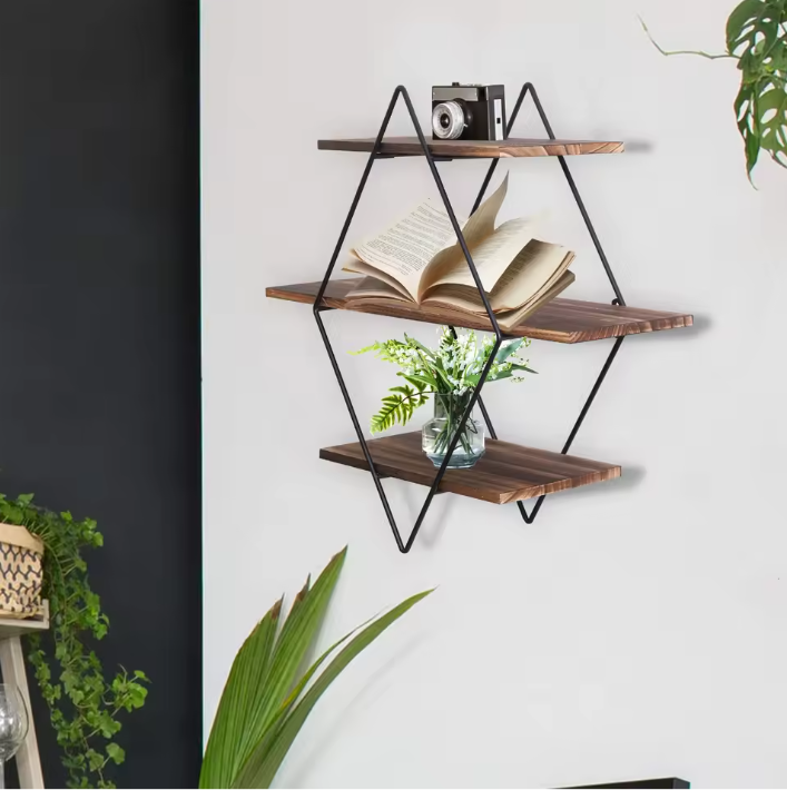 Industriële Wandplank met 3 Lagen – Houten Zwevende Planken & Metalen Frame, Stevig en Decoratief