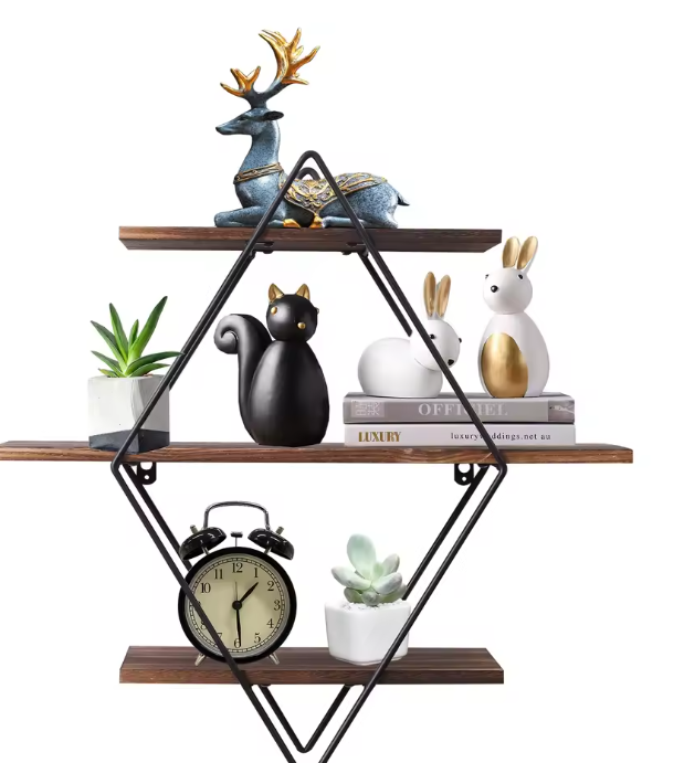Industriële Wandplank met 3 Lagen – Houten Zwevende Planken & Metalen Frame, Stevig en Decoratief