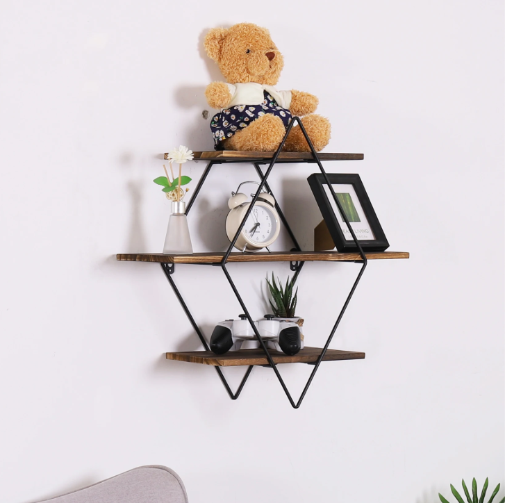 Industriële Wandplank met 3 Lagen – Houten Zwevende Planken & Metalen Frame, Stevig en Decoratief