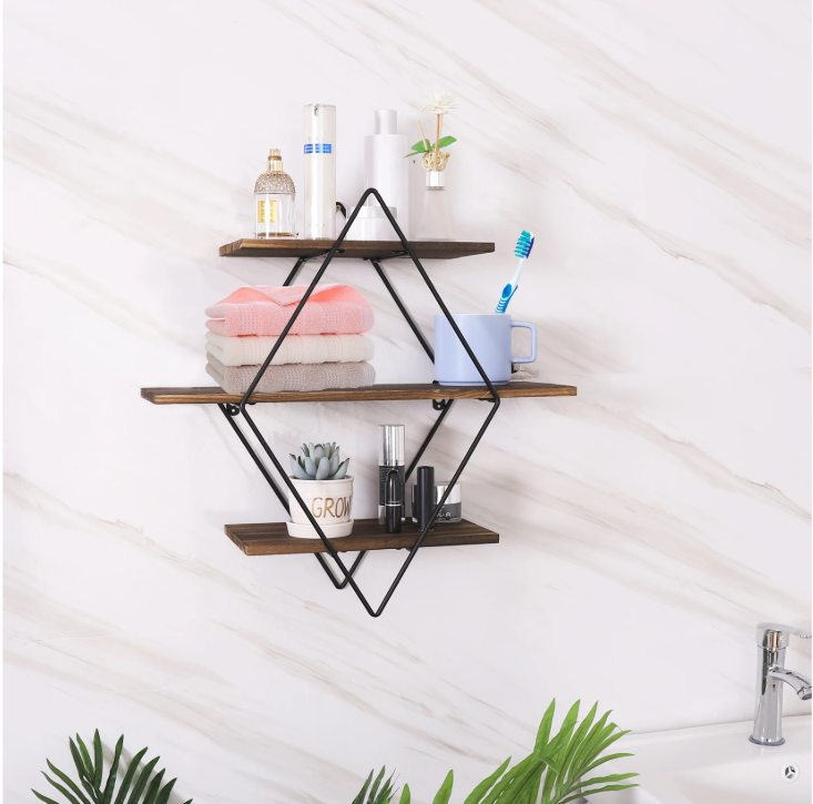 Industriële Wandplank met 3 Lagen – Houten Zwevende Planken & Metalen Frame, Stevig en Decoratief