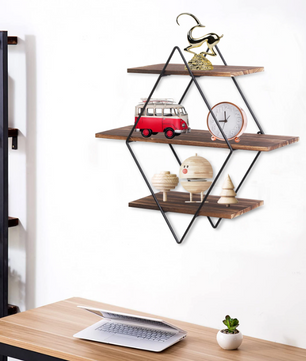 Industriële Wandplank met 3 Lagen – Houten Zwevende Planken & Metalen Frame, Stevig en Decoratief