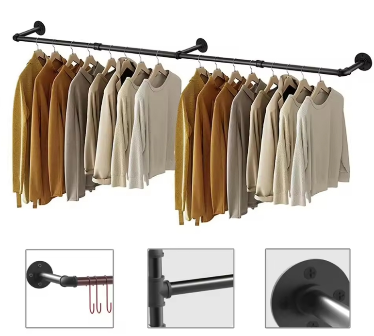 Industriële Wandkledingrek – Gouden Metalen Kledingstang met 3 Haken, Heavy Duty Wandmontage