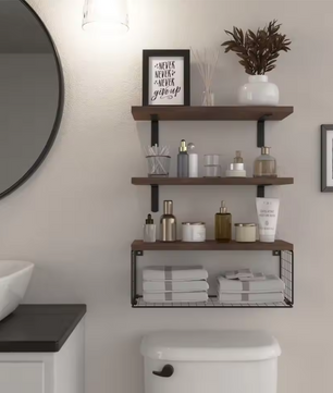 Rustieke Houten Wandplanken met Draadmand – Zwevend Badkamerrek voor Toilet, Keuken of Woonkamer