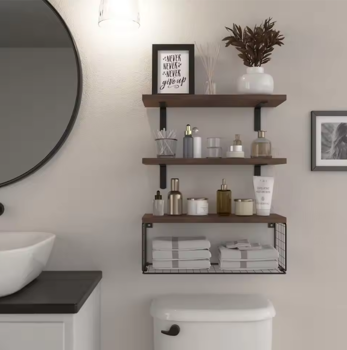 Rustieke Houten Wandplanken met Draadmand – Zwevend Badkamerrek voor Toilet, Keuken of Woonkamer