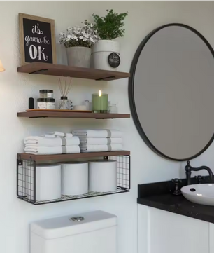 Rustieke Houten Wandplanken met Draadmand – Zwevend Badkamerrek voor Toilet, Keuken of Woonkamer